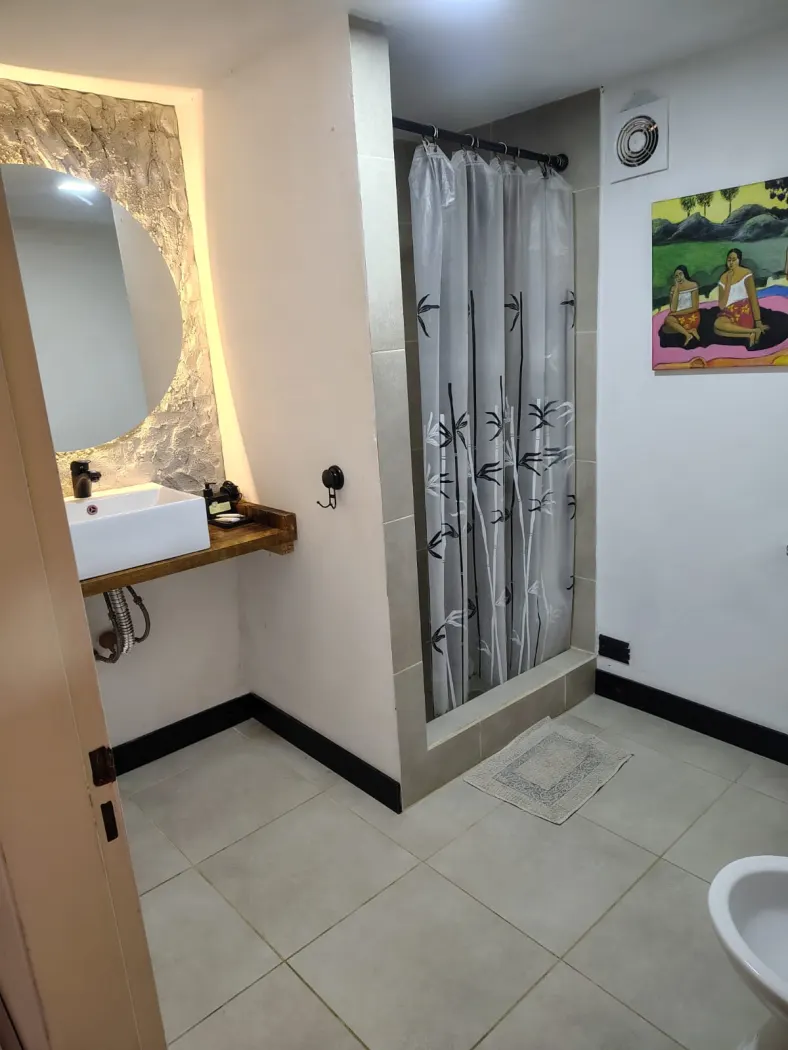 Baño de la suite El Fresno, con ducha y espejo iluminado