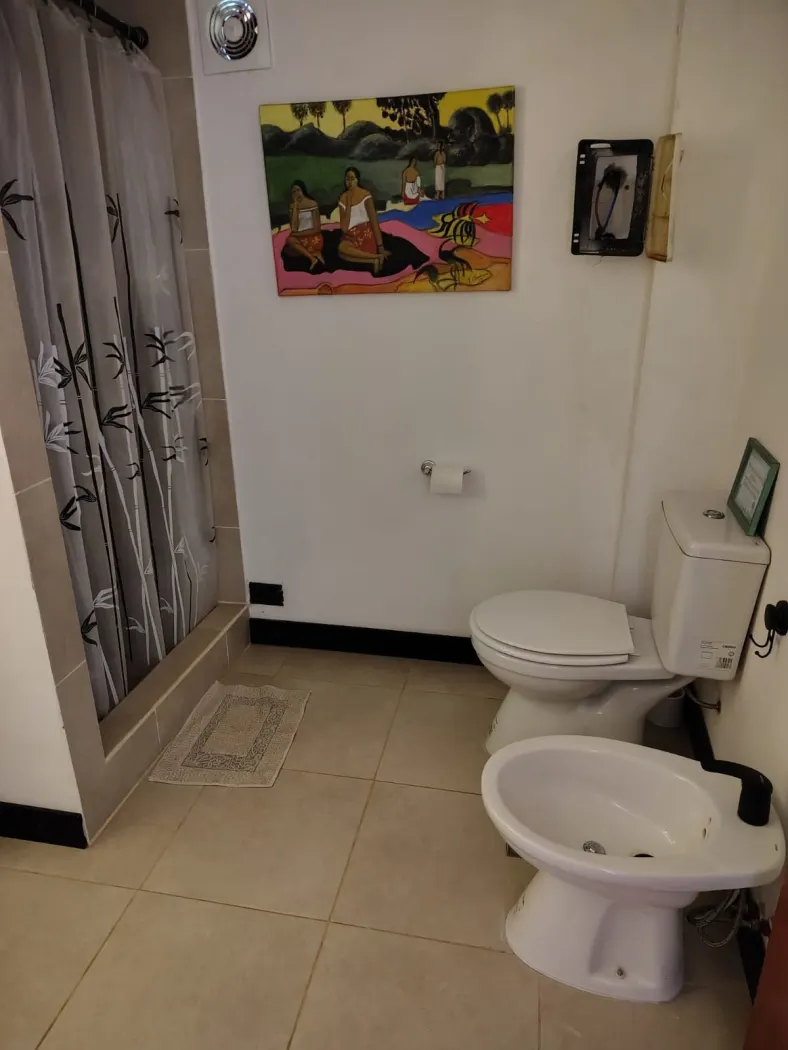Baño de la suite El Fresno, con ducha y un cuadro de colores